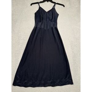 Vintage Navy Blue Slip Dress Midi Length Scalloped V Neck Adjustable Straps